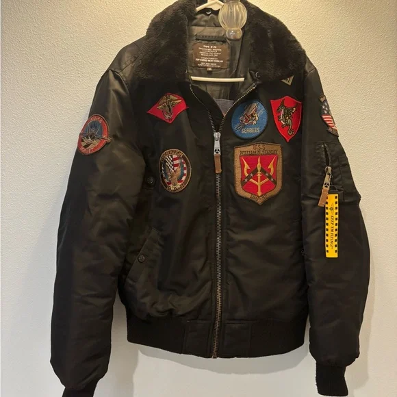 Top gun Black Bomber Jacket with Patches - Picture 2 of 12